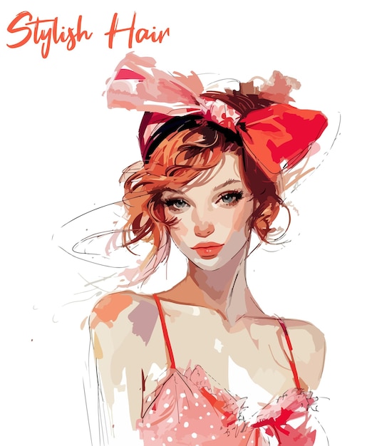 Vector a pretty girl in an outfit and a bow on her head stylish hair vector illustration