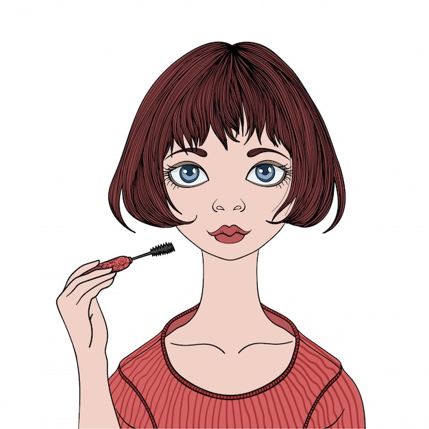 Pretty girl paints eyelashes mascara. Young woman doing makeup.  portrait illustration,  on white background.