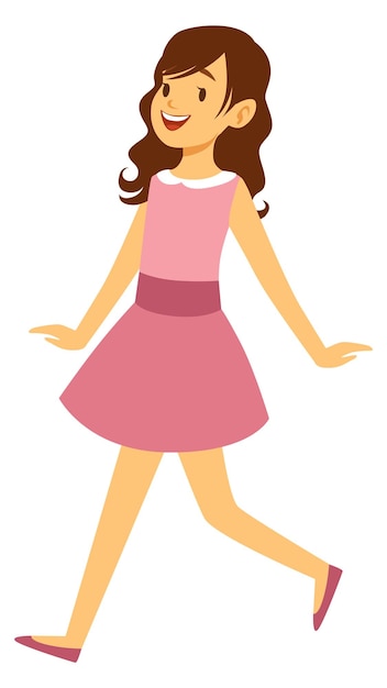 Vector pretty girl walking cute kid in pink dress