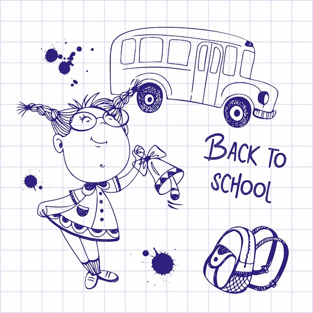 Vector a pretty girl with a briefcase and a school bell goes to school back to school school bus drawing with a pen on a notebook sheet vector