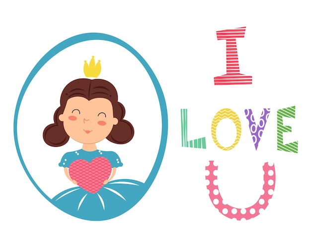 Pretty Girl with crown holding heart in hands I love u text