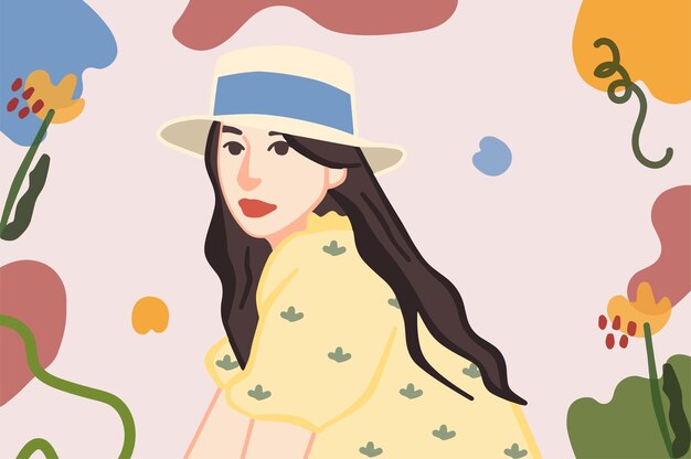 Vector pretty girl with hat and floral background illustration vector