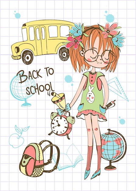 学校のバックパックを背負った可愛い女の子が学校に行く 学校バスベクトルに戻る