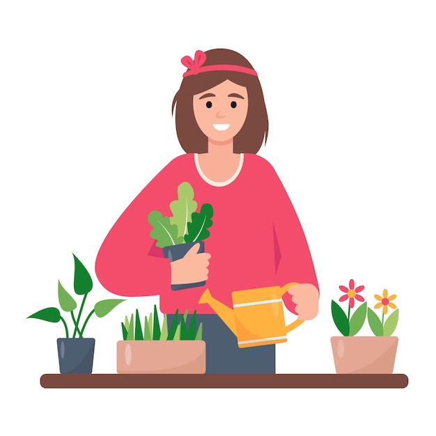 Pretty girl with watering can and plants in pots