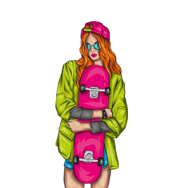 Pretty girls in tops and shorts with skateboard. illustration.