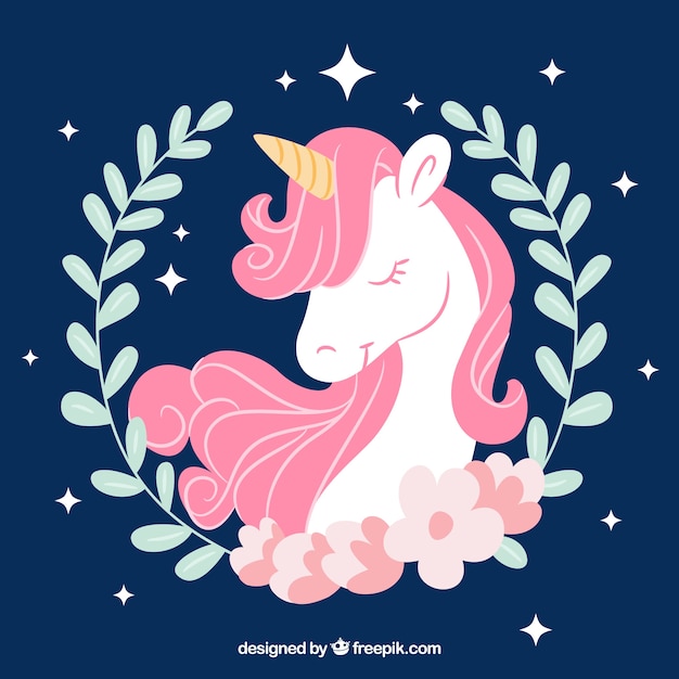 Vector pretty hand drawn unicorn background with leaves decoration