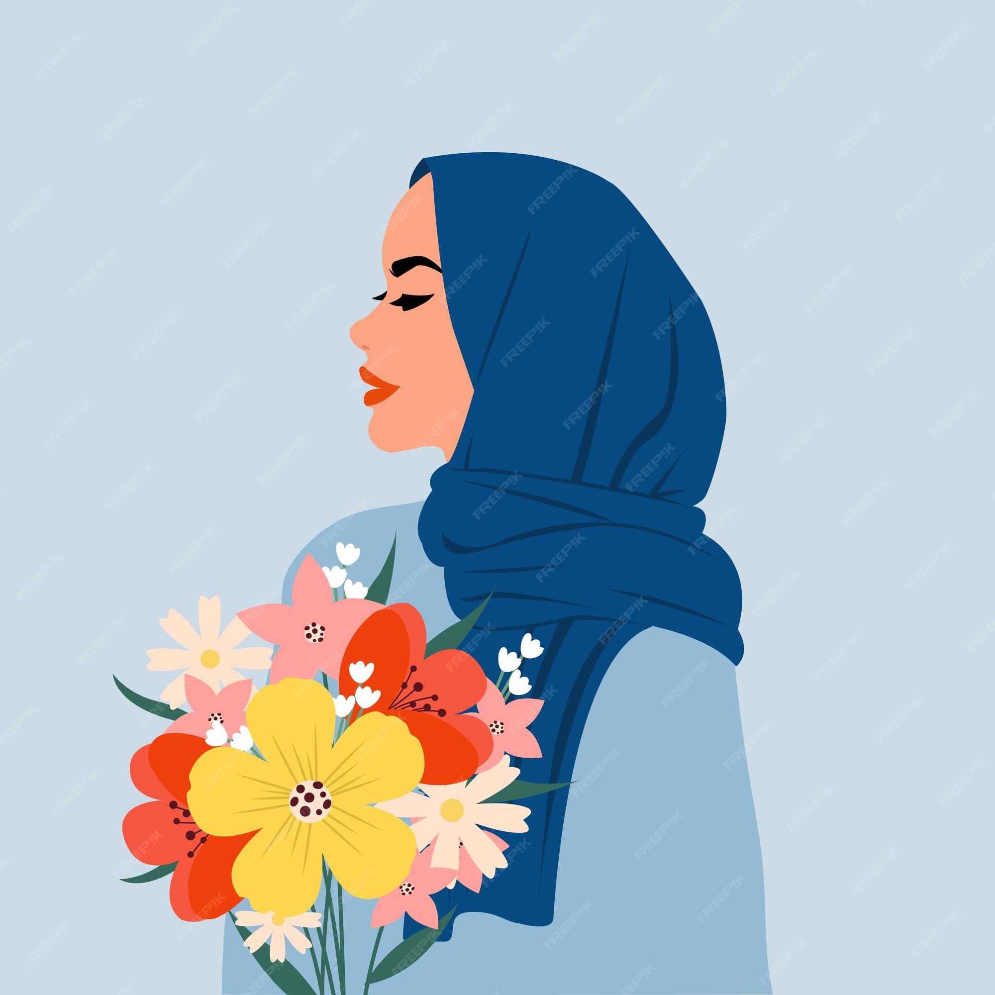 Premium Vector  Pretty hijab woman side profile with colorful flower  bouquet