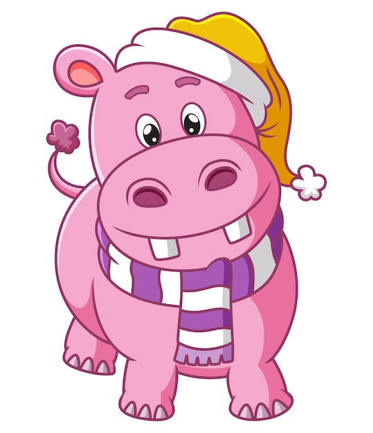 the pretty hippopotamus is wearing the santa hat of illustration