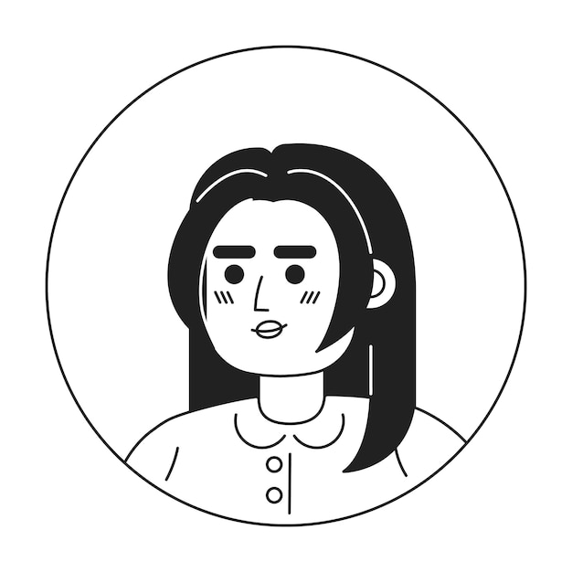 長い髪のモノクロ フラット線形文字頭を持つかなりインドの女性トレンディなヘアカット編集可能なアウトライン手描き人間の顔アイコン 2D 漫画スポット ベクトル アバター イラスト アニメーション