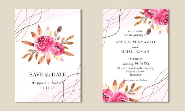 Pretty Invitation Card Template with Watercolor Floral Bouquet