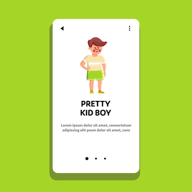 Pretty Kid Boy In Stylish Fashion Clothes Vector. Pretty Kid Boy Wearing Fashionable Clothing T-shirt And Shorts, Smiling And Standing Alone In Store. Character Child Web Flat Cartoon Illustration