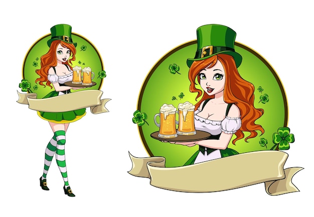 Vettore bella ragazza leprechaun con birra st patrick s day logo design con spazio per testo ragazza cartone animato con capelli rossi e occhi verdi isolati su sfondo bianco