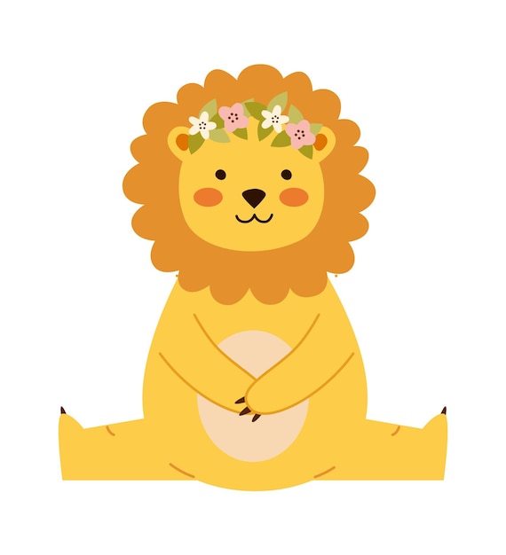 Vector pretty lion with floral wreath flat icon zoo animal