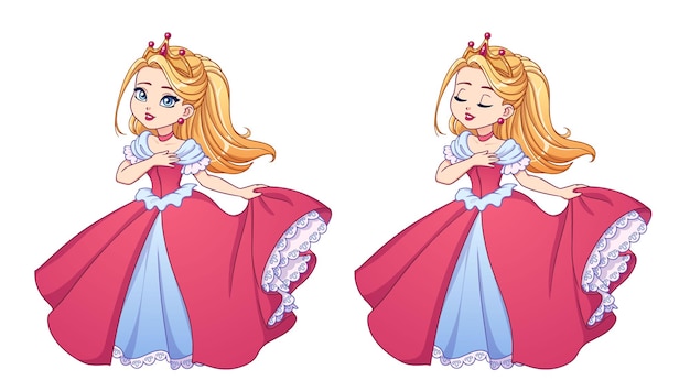 Pretty little princess with blonde hair wearing pink ball dress and golden crown.  Big cartoon head. Opened and closed eyes versions. Hand drawn vector illustration for prints, cards, children game.