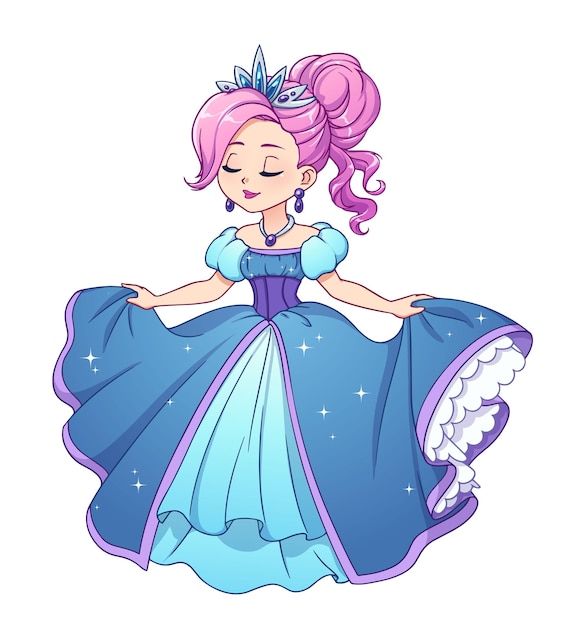 Pretty little princess with pink hair and wearing blue ball dress Big cartoon head Opened and closed eyes versions Hand drawn vector illustration for prints cards children game