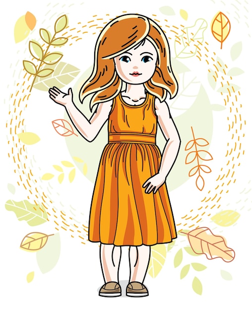 Pretty little redhead girl standing on background of autumn landscape and wearing different casual clothes. Vector pretty nice human illustration. Fashion theme clipart.