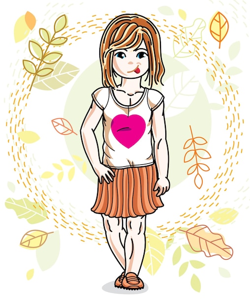 Pretty little redhead girl standing on background of autumn landscape and wearing different casual clothes. Vector pretty nice human illustration. Fashion theme clipart.