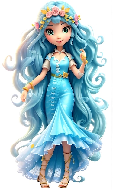 Pretty mermaid girl with blue hair and blue dress
