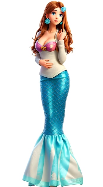 Pretty mermaid with dark blonde hair and blue tail