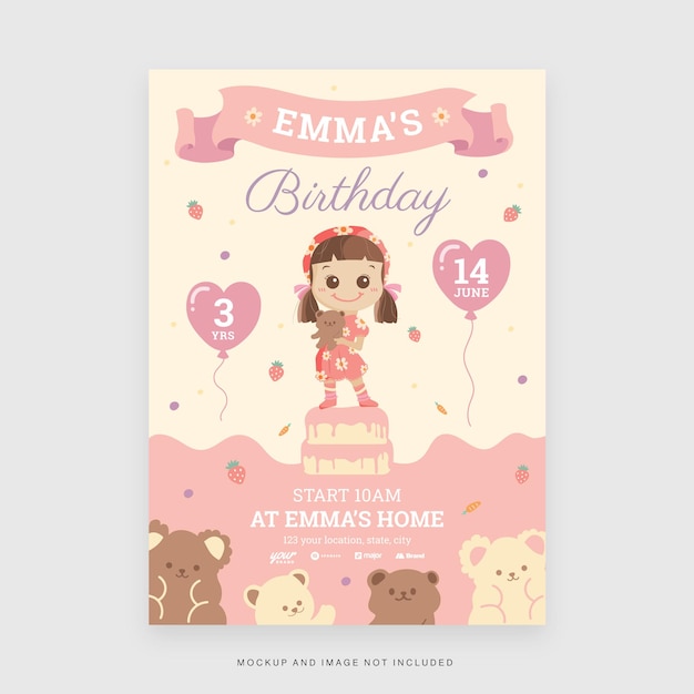 Pretty Pink Girls Birthday Invitation Flyer Template in Vector