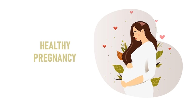 Красивая беременная женщина с длинными волосами на фоне зеленых листьев Концепция баннера беременности