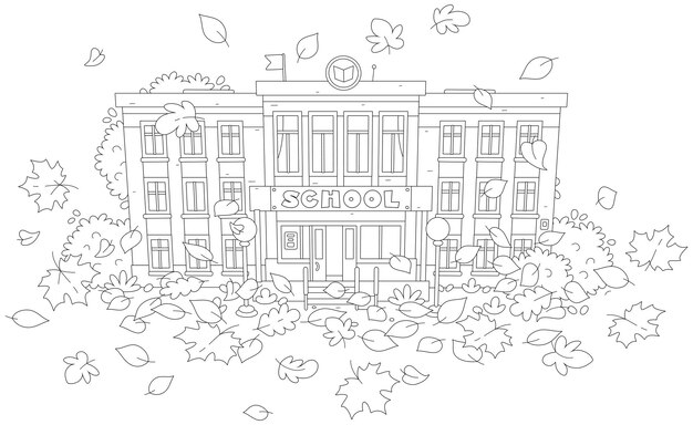 Vector pretty school among flying and falling autumn leaves