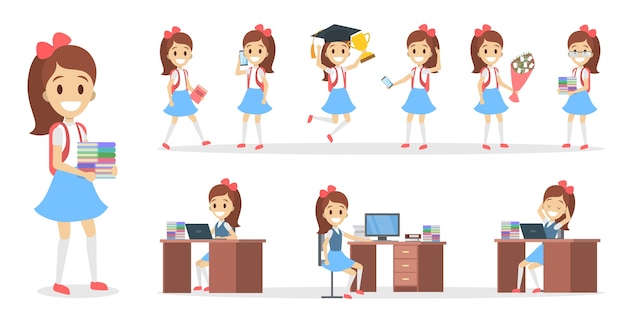 Vector pretty school kid female character set for animation with various views, hairstyles, emotions, poses and gestures. school equipment set. isolated vector illustration