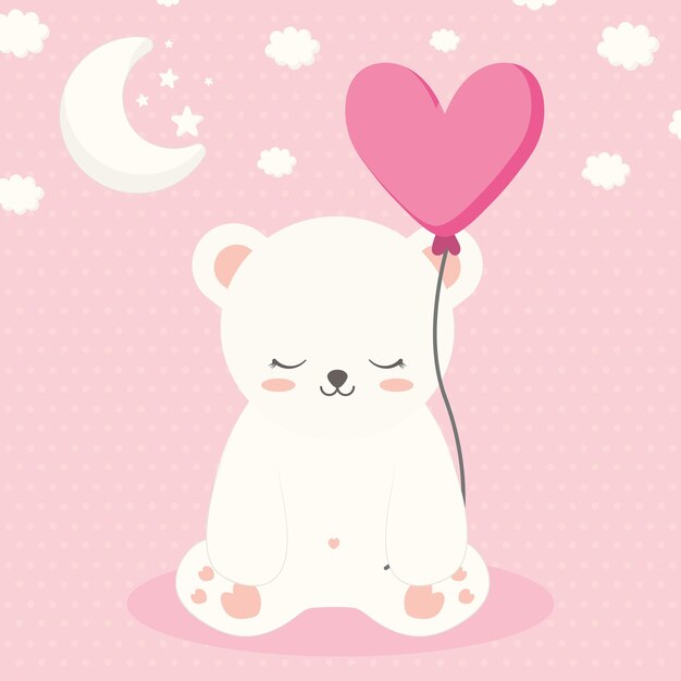 Pretty sleepy polar bear with clouds and moon on pink