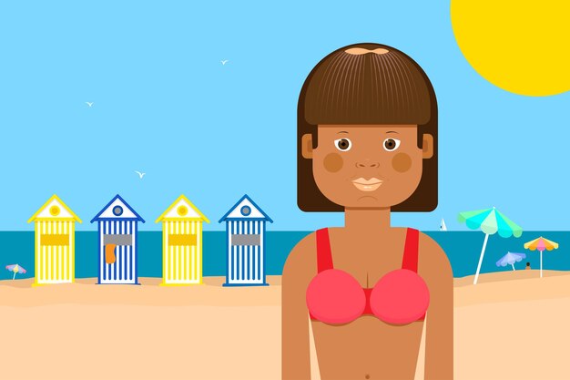 夏のビーチシーンでかなり日焼けした若い女の子漫画ベクトルイラスト