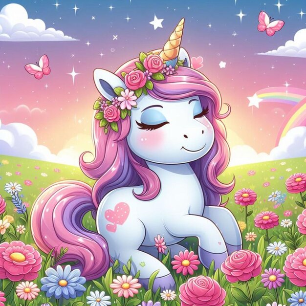 Pretty unicorn on a flower field