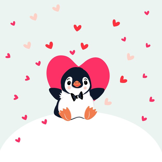 Vector pretty vector penguin animal holding pink heart romantic love card
