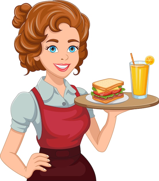 Pretty waitress with sandwiches and drinks