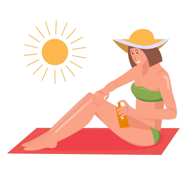 Vector pretty woman applies sunscreen to the skin. sun protection. skin care. summer vacation on the beach.