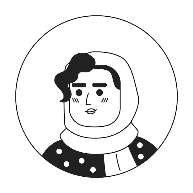 Pretty woman in hijab with curly bangs monochrome flat linear character head Happy lady Editable outline hand drawn human face icon 2D cartoon spot vector avatar illustration for animation