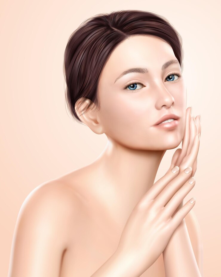 예쁜 여자 모델, 화장품 또는 의료 광고 사용을위한 매력적인 모델, 3d 일러스트