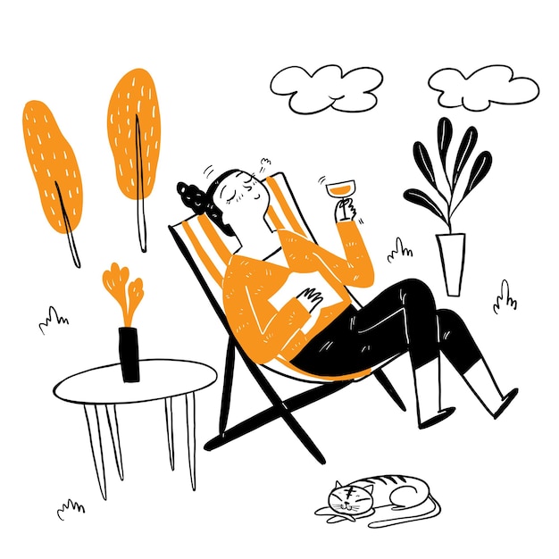 Pretty woman sitting in a deck chair drinking fancy cocktail, wearing a long sleeve shirt, big smile happy in a relaxed. Hand drawing vector illustration doodle style