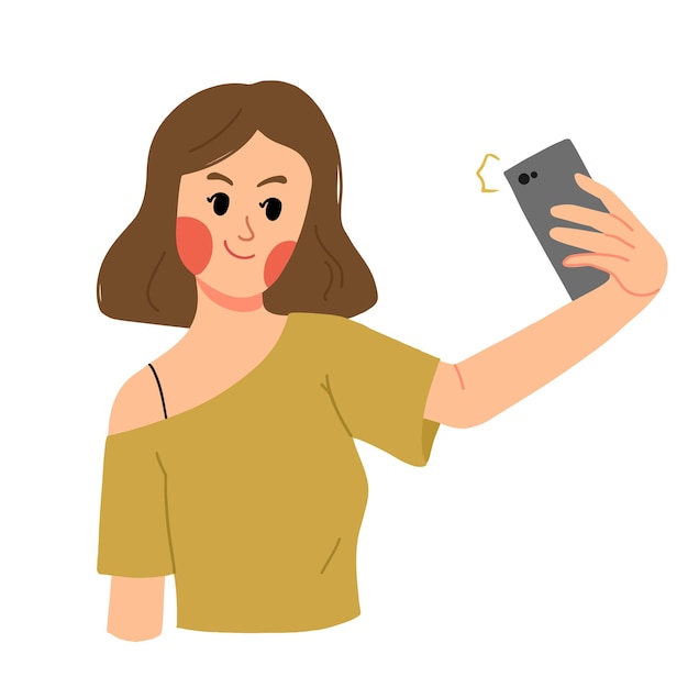 Vector pretty woman taking selfie with smartphone smiling illustration