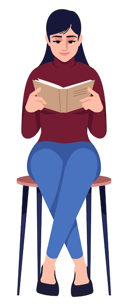 Pretty woman with book semi flat rgb color vector illustration