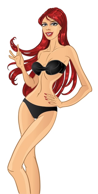 Vector pretty woman with gorgeous health hair in black swimsuit