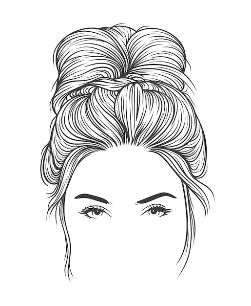 Pretty woman with a messy bun hairstyle Hand drew vector line art illustration on white background