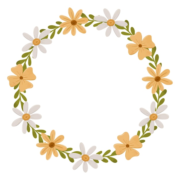 Vector pretty wreath with simple daisy flowers chamomile circle frame in scandinavian style stylized tiny flowers digital illustration for cards invitations decorations logo