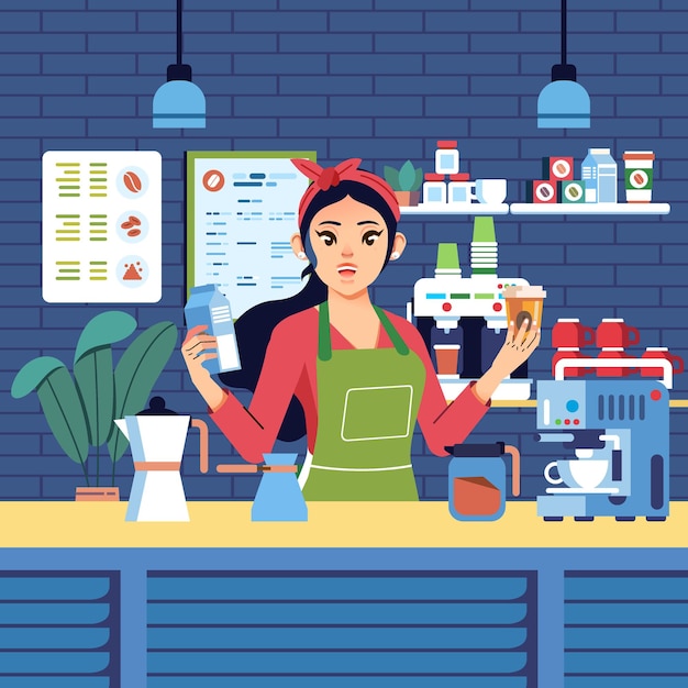 Vector pretty young girl character as a barista holding milk and glass of coffee making coffee for customer