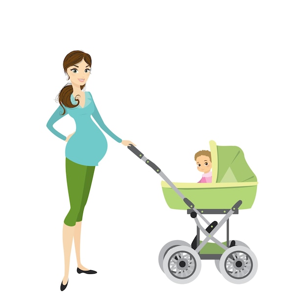 Pretty young pregnant woman with pram and baby isolated on white vector illustration