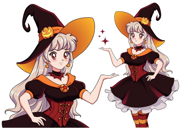 Strega Vampiro Abbastanza Giovane Festa Di Halloween Ragazza Anime Retro Disegnata A Mano Con I Capelli Bianchi E Gli Occhi Rossi Vettore Premium