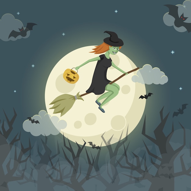 Вектор Довольно молодая ведьма на метле, пролетая над жутким лесом перед луной. векторная иллюстрация хэллоуин