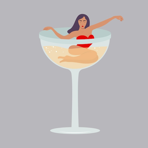 Pretty young woman in the glass with champagne flat vector isolated. Female in glass of alcohol