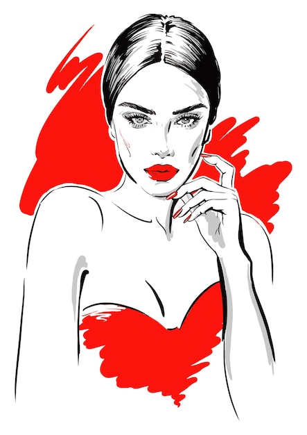 Vector pretty young woman in red dress