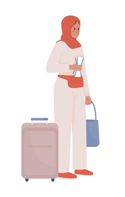 Piuttosto giovane donna con bagaglio e biglietto aereo colore semi piatto carattere vettoriale figura in piedi persona a corpo pieno su bianco semplice illustrazione in stile cartone animato per la progettazione grafica web e l'animazione