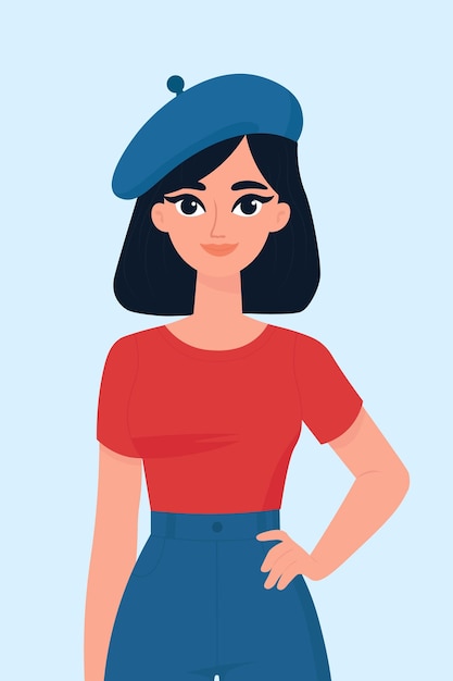 Pretty young woman with blue beret flat design illustration