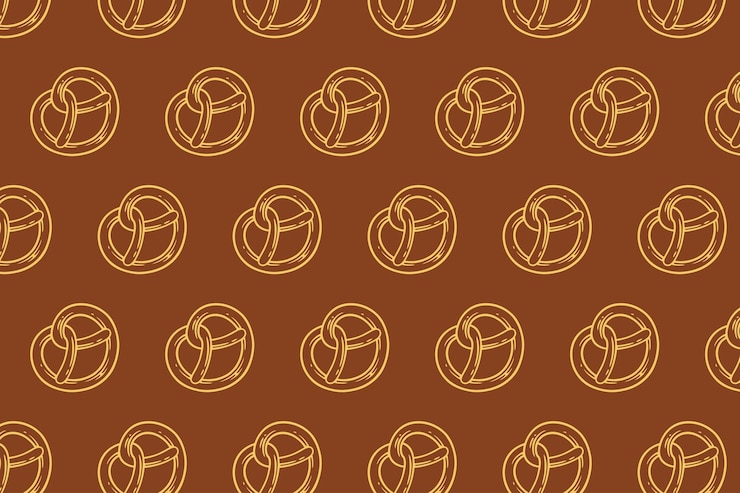Vector pretzel baked pastry heart shape outline pattern on brown background for decor and merchandise